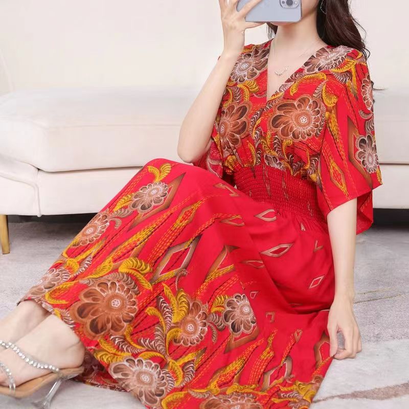 Casual Elegant Retro Style V-neck Tunic Large Swing Printed Dress Long Skirt