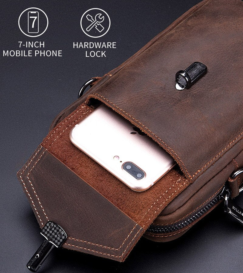 BULLCAPTAIN Crazy Horse Leather Men's Waist Bags Multifunctional 7-inch Mobile Phone Bag Bag Male Shoulder Messenger Bages Brown