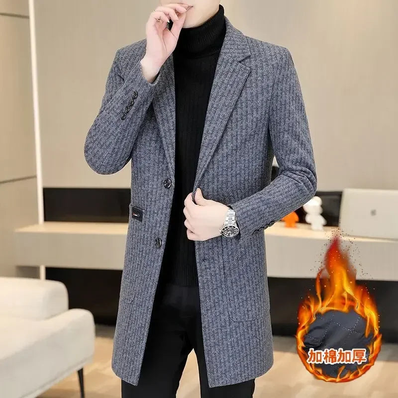 High-quality Long Woolen Coats for Men Autumn Winter Thickened Warm Casual Business Trench Coat Social Streetwear Overcoat 2023