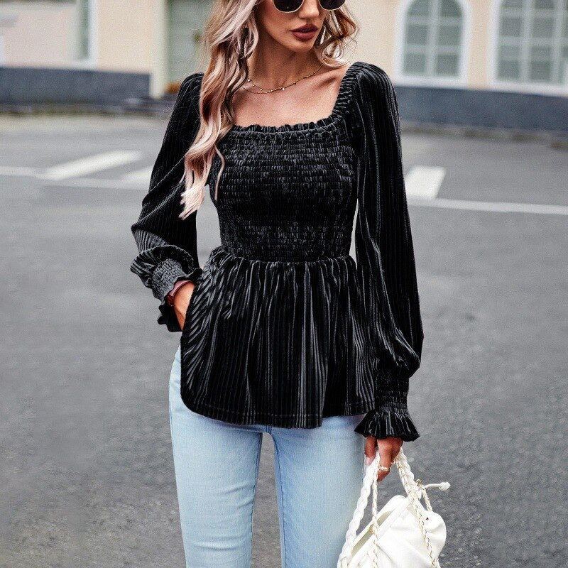 Elegant Velvet Women&#39;s Blouse Black Square Collar Long Sleeve Top Fashion Youth Ruffle Shirts Autumn Clothes For Women 2023 New