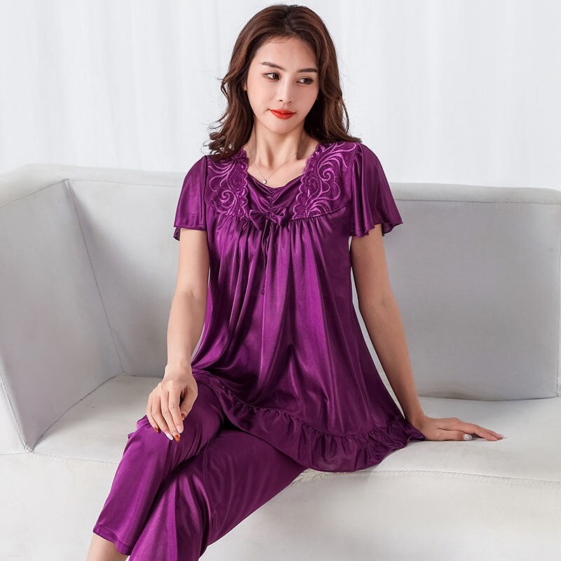 Women Home Clothing Big Nightshirt Shorts Summer Satin Silk Trousers Suit Women Middle-aged Lace Large 5XL Pajamas Bedroom Set