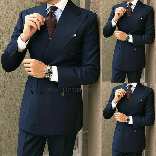 Double-Breasted Navy Peak Lapel Blazer Groom Suits Men Suit Slim Fit Business Suits Tuxedo For Men Costume Homme 2 Pieces