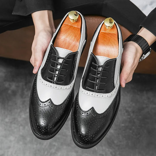 Brogue Shoes for Men Black White Lace-up Round Toe Men's Formal Shoes Handmade Size 38-48 Men Shoes