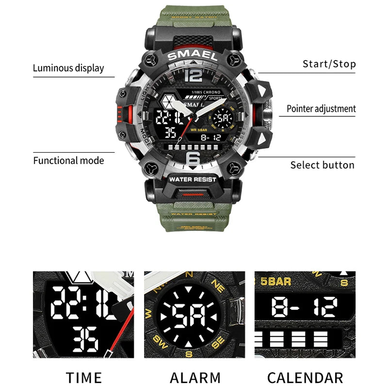 SMAEL Men Watches  50m Waterproof Sports Watch Military Man Sports Watch Digital 8072 Dual Display Watch  Quartz  Led Digital