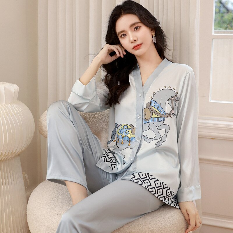 QSROCIO New Women's Pajamas Set Luxury Print Sleepwear V Neck Kimono Casual Homewear Satin Silk Like Nightwear Femme Petite