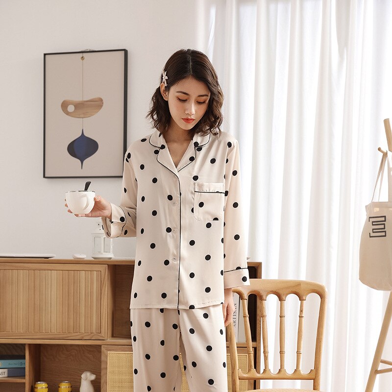 QSROCIO Satin Polka Dot Pajamas Women's Spring Autumn Thin Long Sleeved Pants Two-piece Set Fashion Casual Home Clothing