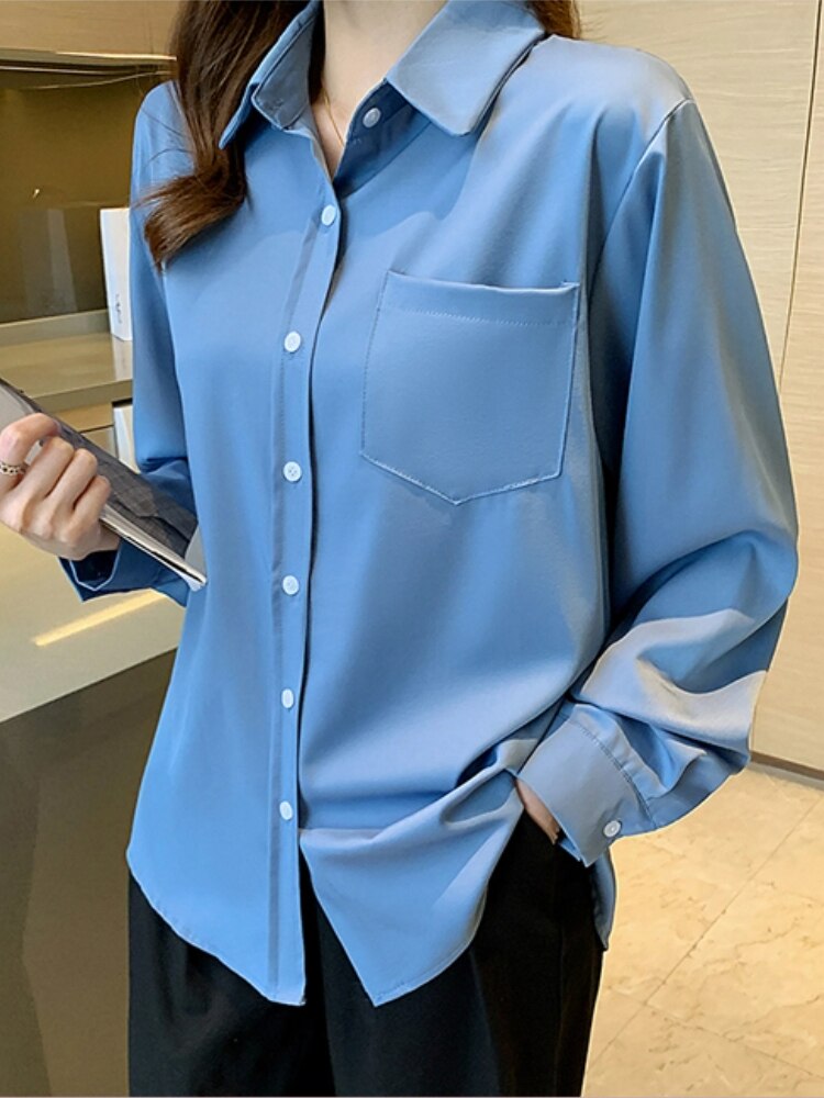 Satin Women's Elegant Solid Shirt Long Sleeve Fashion New Basic Ladies Tops OL Vintage Chic Party Business Female Blouses Autumn