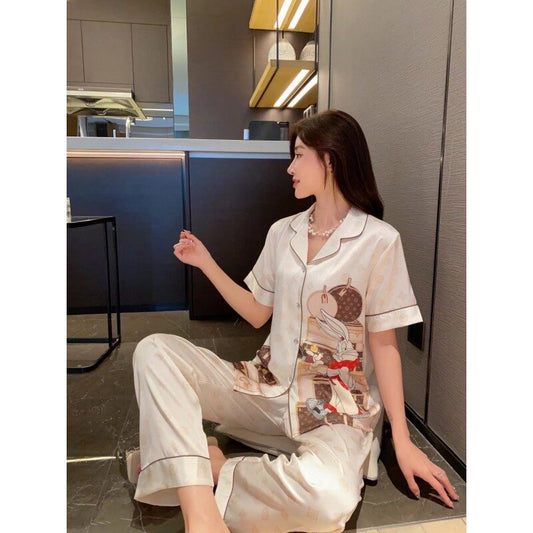 Summer 2023 New Cartoon Rabbit Stylish Bag Printed Ice Silk Pajamas Women's Short Sleeve Trousers Suit Homewear