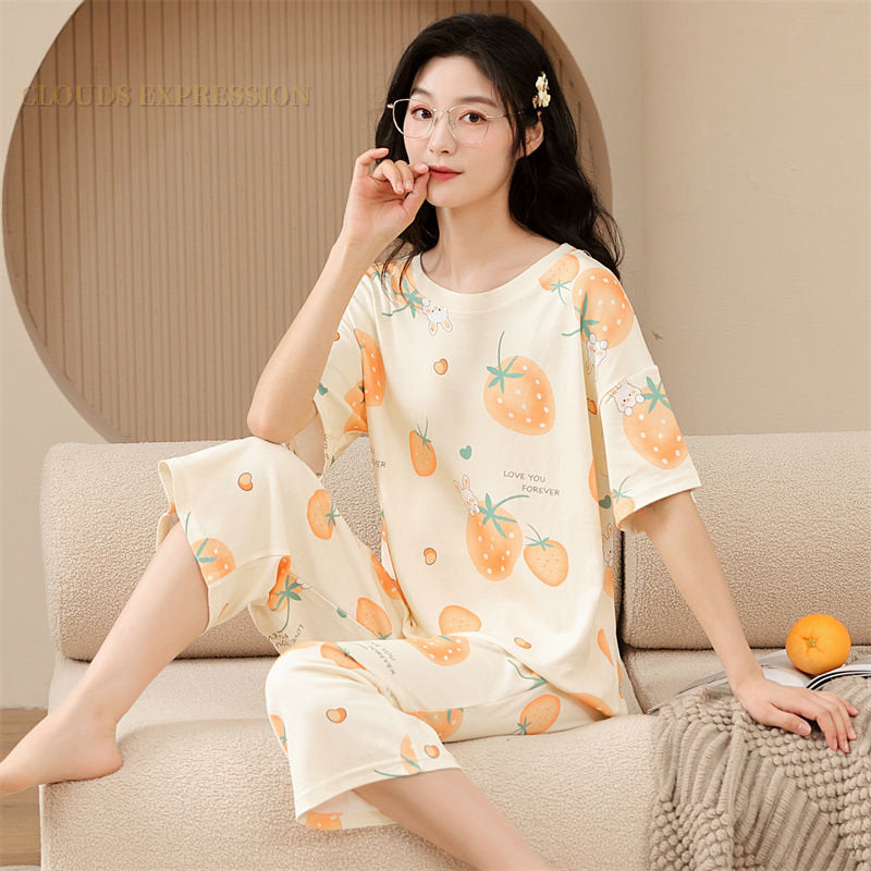 Summer Knitted Cartoon Rabbit Print Two Piece Kawaii Girl Short Sets Women Pajamas Sets Pyjamas Ladies Sleepwear Pijamas Fashion