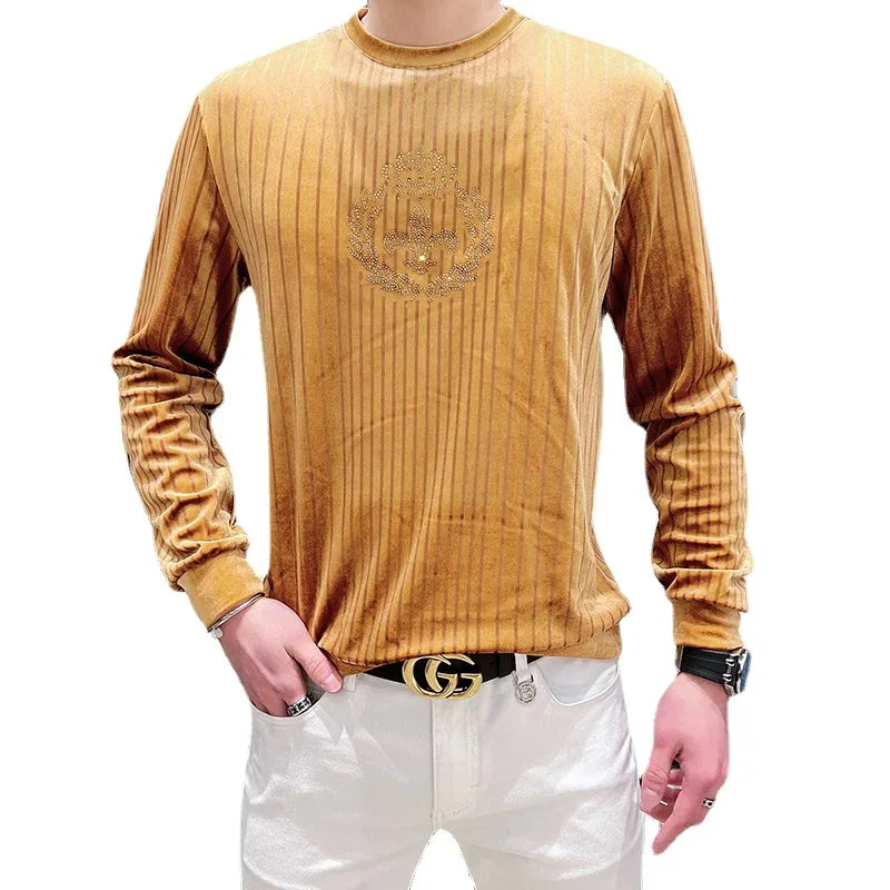 2023 Spring Velvet Striped T-shirt Men Luxury Rhinestone Slim Casual Sweatshirts Fashion Pullover Social Streetwear Men Clothing