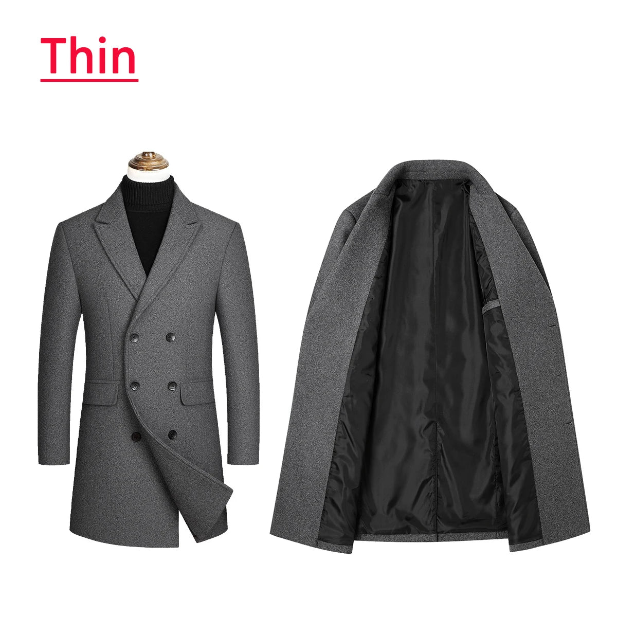2023 Autumn and Winter Boutique Woolen Black Gray Classic Solid Color Thick Warm Men's Extra Long Wool Trench Coat Male Jacket