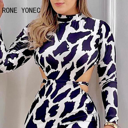 Women Sexy Elegant Turtleneck Long Sleeves Leopard Pattern Midriff Bodycon Mini Sexy Party Dresses