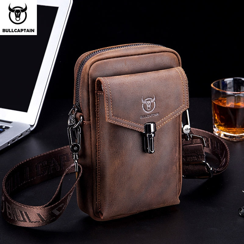 BULLCAPTAIN Crazy Horse Leather Men's Waist Bags Multifunctional 7-inch Mobile Phone Bag Bag Male Shoulder Messenger Bages Brown