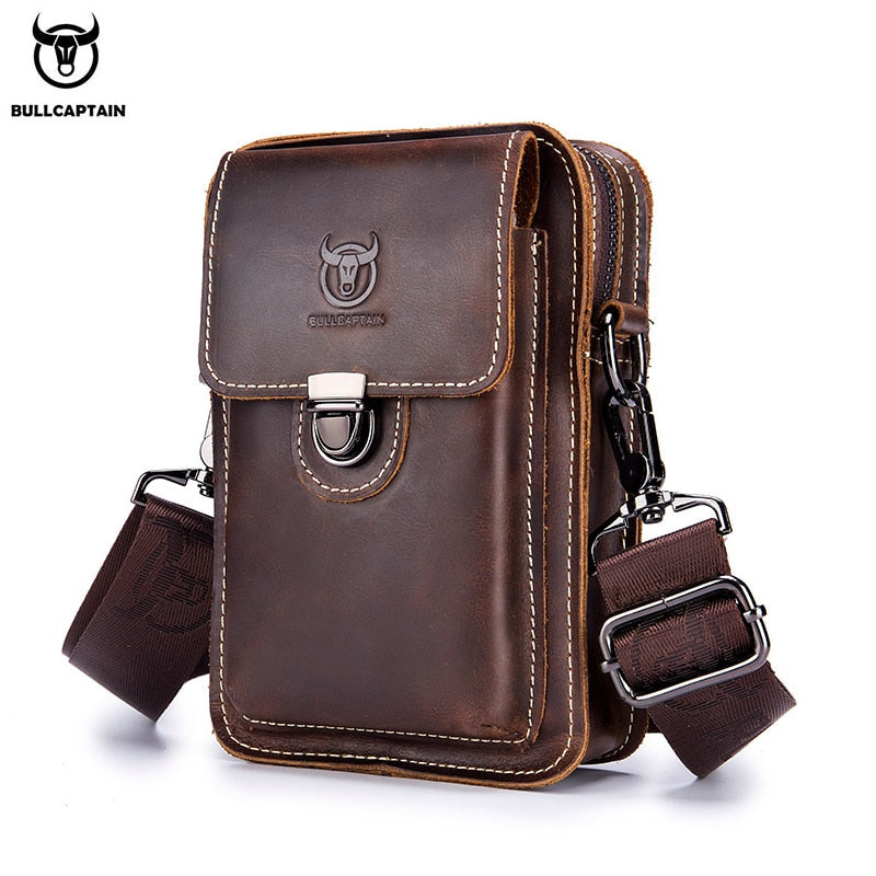 BULLCAPTAIN Crazy Horse Leather Male Waist Pack Phone Pouch Bags Waist Bag Men's Small Chest Shoulder Belt Bag Back Pack YB075