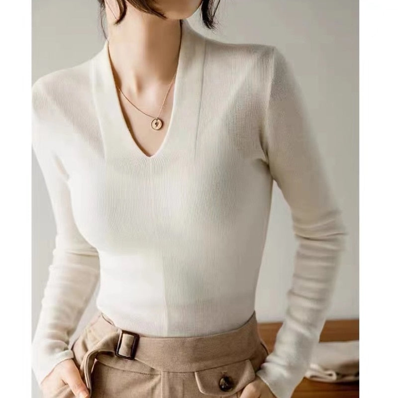 Knitted Sweater Women Long Sleeve Casual Elegant Pullover V Neck Outer Jumper Autumn Winter All Match Basic Tops Female Clothes