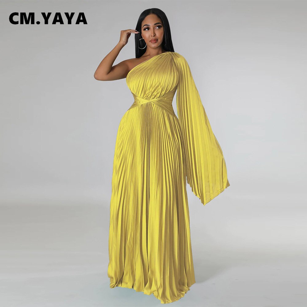 CM.YAYA Vintage Women One Shoulder Clock Sleeve Sashes High Waist Big Swing Pleated Maxi Long Sexy Party Evening Silk Dress 2023