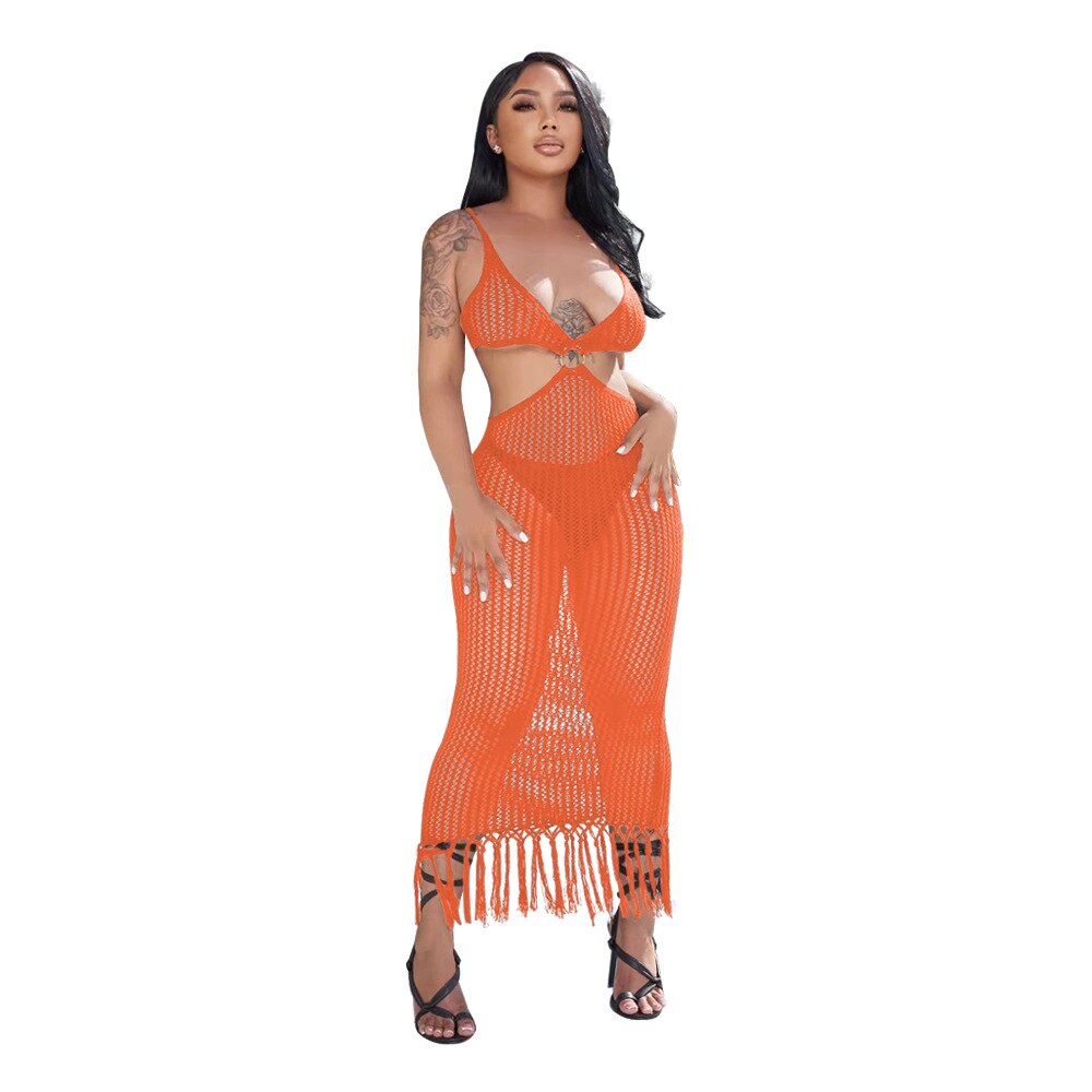 CCM.YAYA Women Ribbed Tassel Hem Cut Out Waist Spaghetti Strap Roll Bodycon Midi Maxi Long Beach Dress 2022 Summer Knit Vestidos