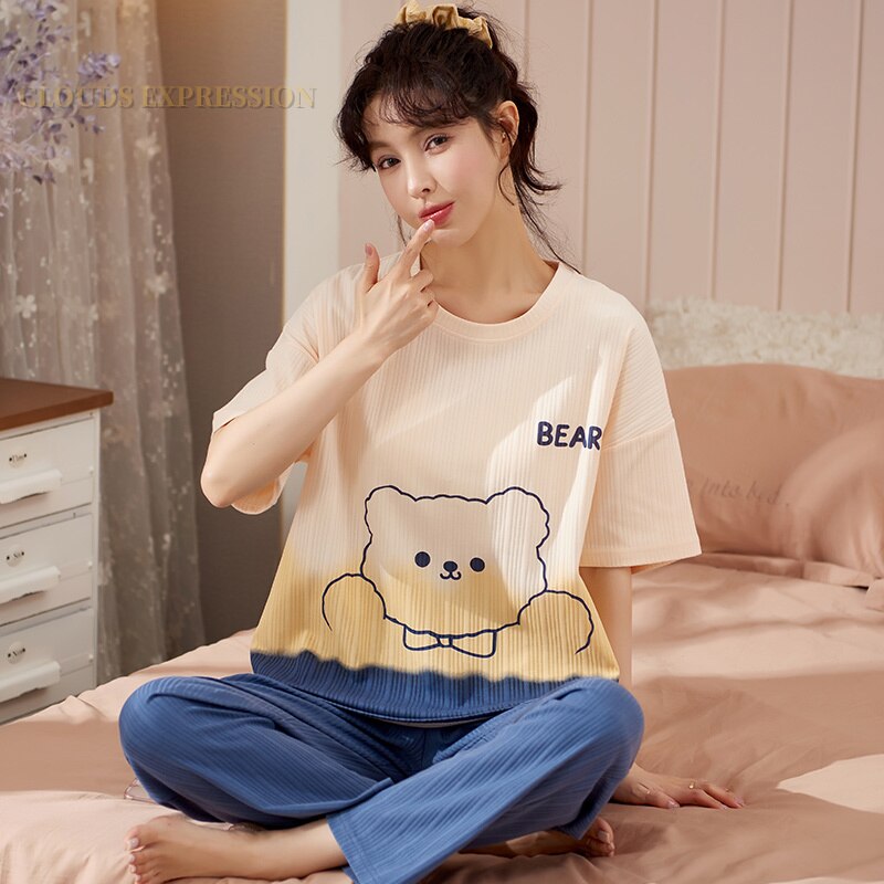 Summer Knitted Cotton Elegant Pajamas Set Women Pyjamas Polka Dots Sleepwear Nightwear Pijama Mujer Plus Size Calf-Length Pants