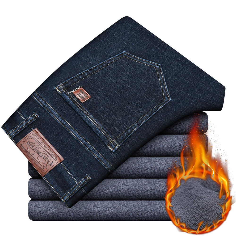 New Winter Men's Warm Fleece Thermal Jeans Business Fashion Classic Black Blue Denim Straight Thick Velvet Pants Brand Trousers