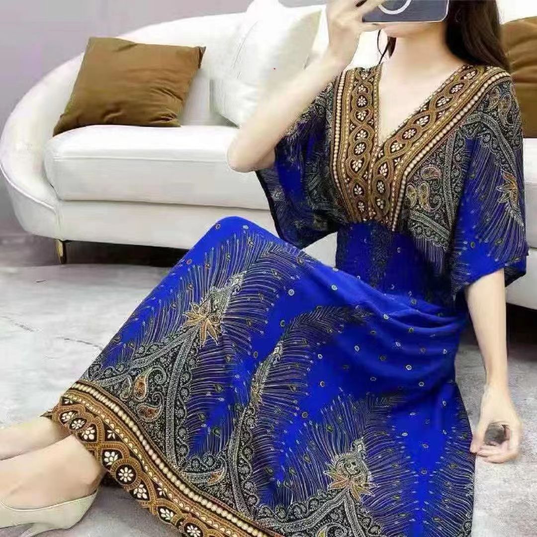 Casual Elegant Retro Style V-neck Tunic Large Swing Printed Dress Long Skirt