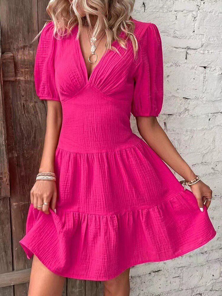 Elegant Midi Dresses For Women Summer Casual V Neck Puff Sleeve Ruffle Beach Dress Fashion Red Simple A-line New In Dresses 2023