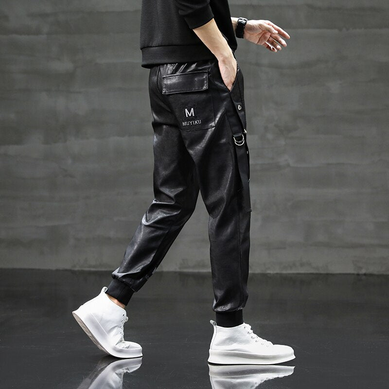 Fashion men leather trousers motorcycle with zipper casual pants skinny pants free shipping A107