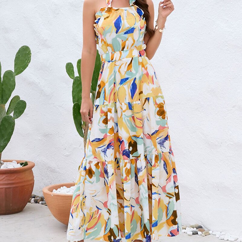 Sexy Chiffon Long Dresses For Women Summer Casual Backless Ruffle Big Hem Beach Dress Fashion Print Halter New In Dresses 2023