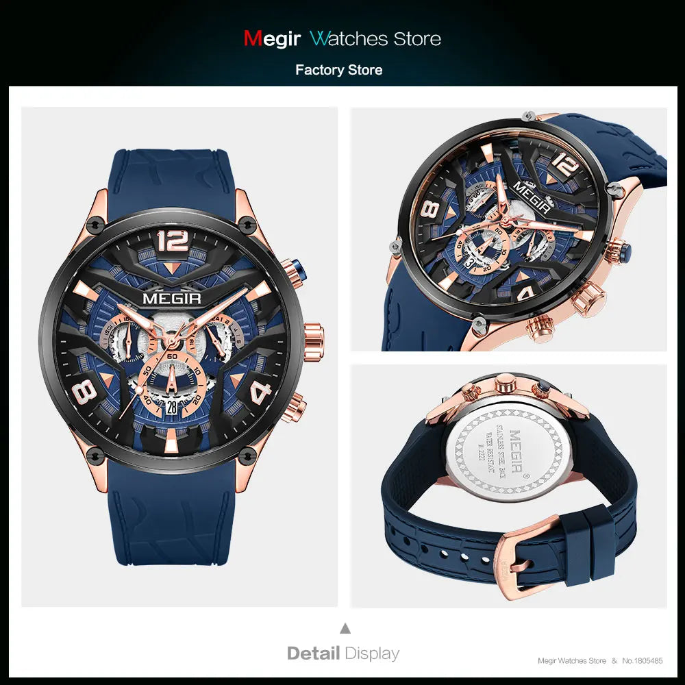 MEGIR Military Sport Quartz Watch Men Navy Blue Silicone Belt Waterproof Wristwatch with Date Chronograph Luminous hands 24-hour