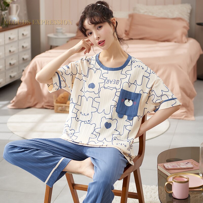 Summer Knitted Cotton Elegant Pajamas Set Women Pyjamas Polka Dots Sleepwear Nightwear Pijama Mujer Plus Size Calf-Length Pants