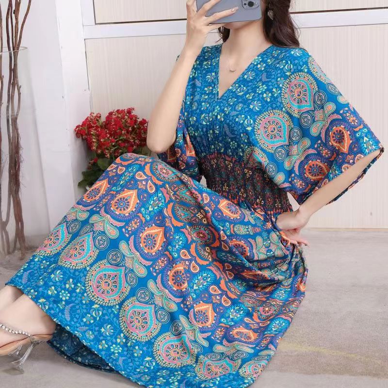 Casual Elegant Retro Style V-neck Tunic Large Swing Printed Dress Long Skirt