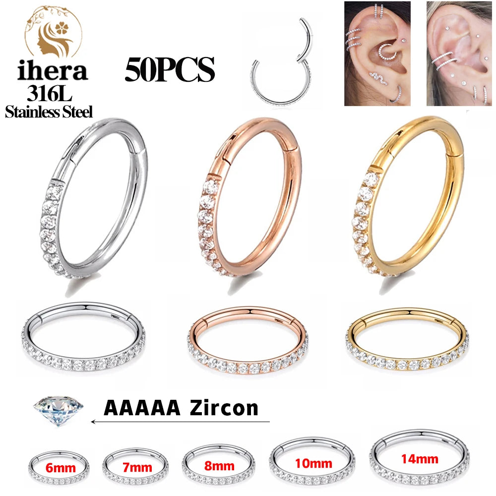 1/10/50PCS Stainless Steel Zircon Hinged Segment Nose Septum Clicker Ring Round Earrings Hoops Ear Tragus Helix Piercing Jewelry