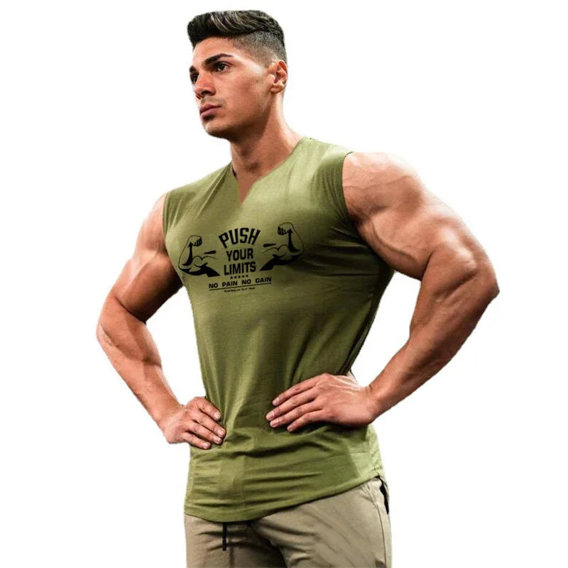 New Men V-neck Sports Tank Top Cotton Summer Muscle Vest Gym Clothing Bodybuilding Sleeveless Shirt Workout Fitness Singlets