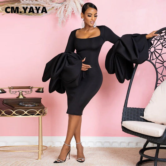 CM.YAYA Vintage Women Ruffles Flare Long Sleeve Black Bodycon Pencil Midi Dress 2023 Club Vestidos Sexy Party Evening Dresses