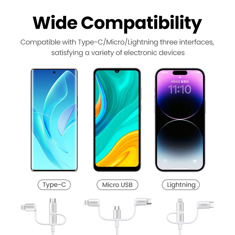 【New-in Sale】UGREEN MFi USB C to Lightning Micro USB Cable 3A Fast Charging 3 in 1 For iPhone 14 13 12 Pro Max Xiaomi Samsung