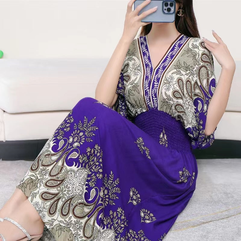 Casual Elegant Retro Style V-neck Tunic Large Swing Printed Dress Long Skirt