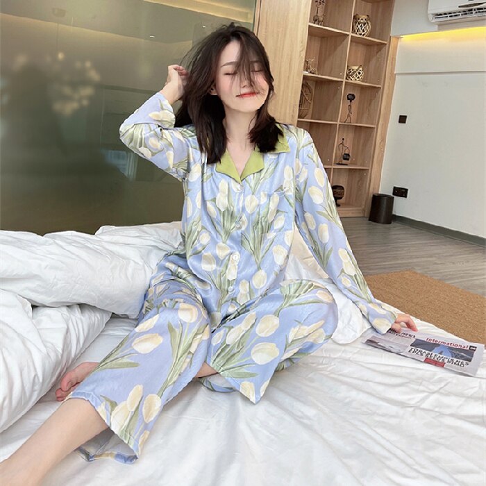 Pajamas Set for Women Luxurious Sweet Satin Pyjamas Woman Elegant Long Sleeve Ladies Sleepwear Sets Long Pant Home Wear