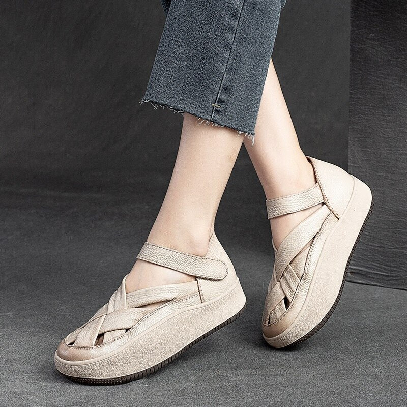 DRKANOL 2023 Fashion Women Sneakers Summer Cross Genuine Leather Hollow Out Breathable Shallow Flat Platform Casual Sneakers