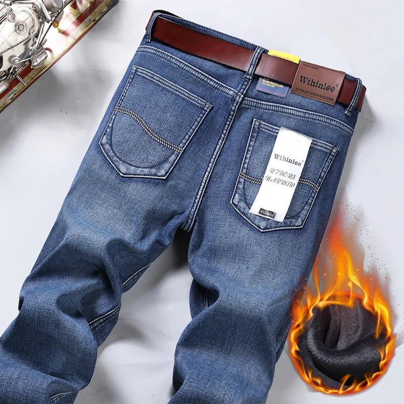 Winter Thermal Warm Flannel Stretch Jeans Mens Winter Quality Famous Brand Fleece Pants Straight Flocking Trousers Denim Jean