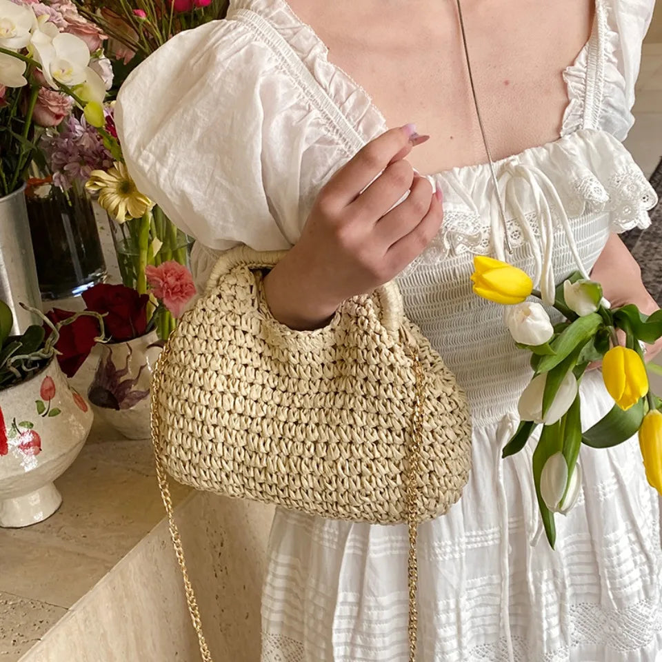 Retro Woven Clutch Bags for Women 2025 Straw Shell Chain Handbag Messenger Bag Ladies Holiday Beach Eco-friendly Crossbody Bag