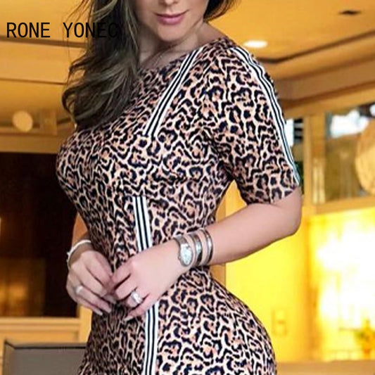 Women Elegant Round Neck Short Sleeves Leopard Pattern Bodycon Mini Dress