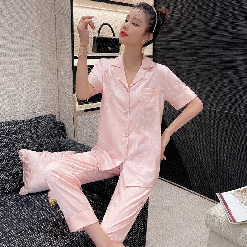 Summer 2023 New Cartoon Rabbit Stylish Bag Printed Ice Silk Pajamas Women's Short Sleeve Trousers Suit Homewear