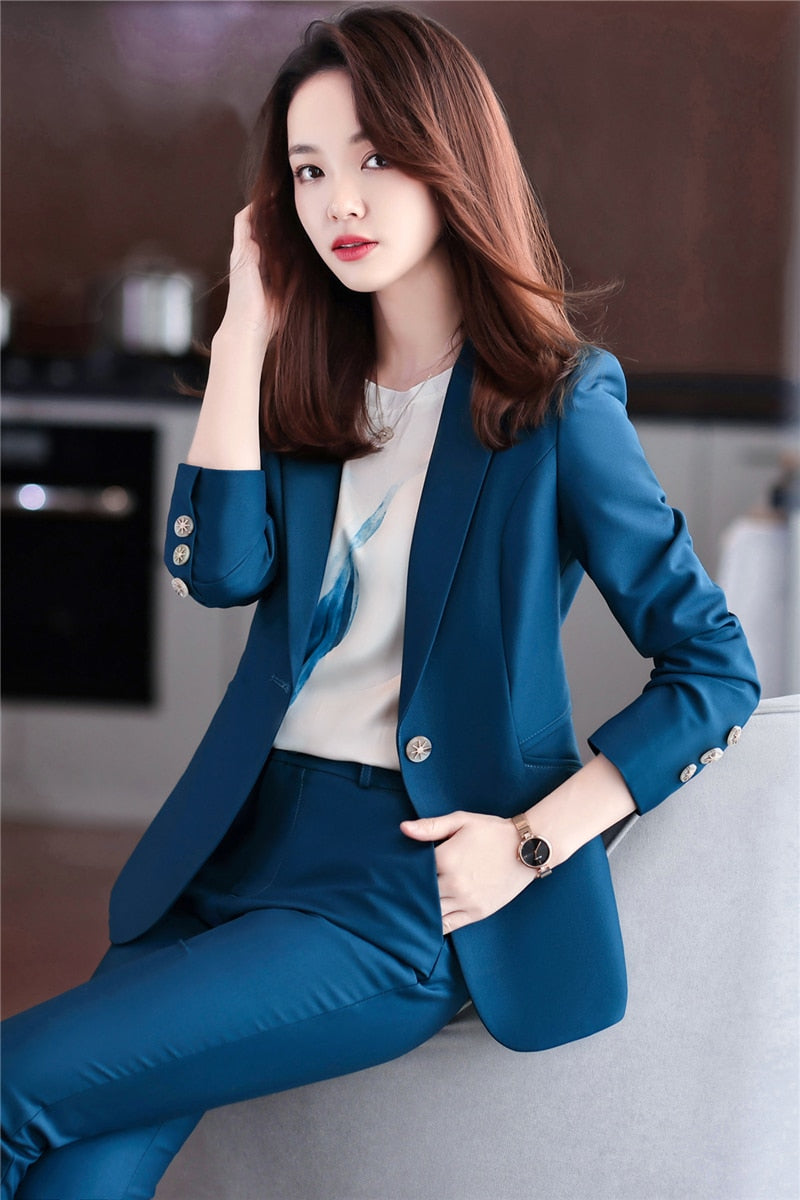 2022 Spring Two-piece Set Pants Suit Blue Elegant Blazer Pants Jacket Clothing Business Coat 2 Piece Sets Female Trouser Suits