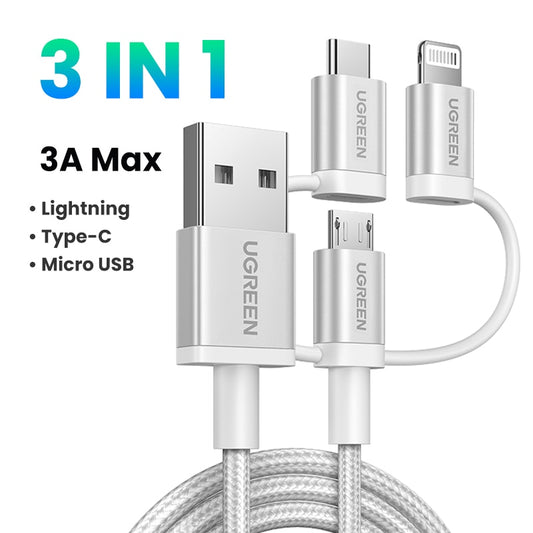 【New-in Sale】UGREEN MFi USB C to Lightning Micro USB Cable 3A Fast Charging 3 in 1 For iPhone 14 13 12 Pro Max Xiaomi Samsung