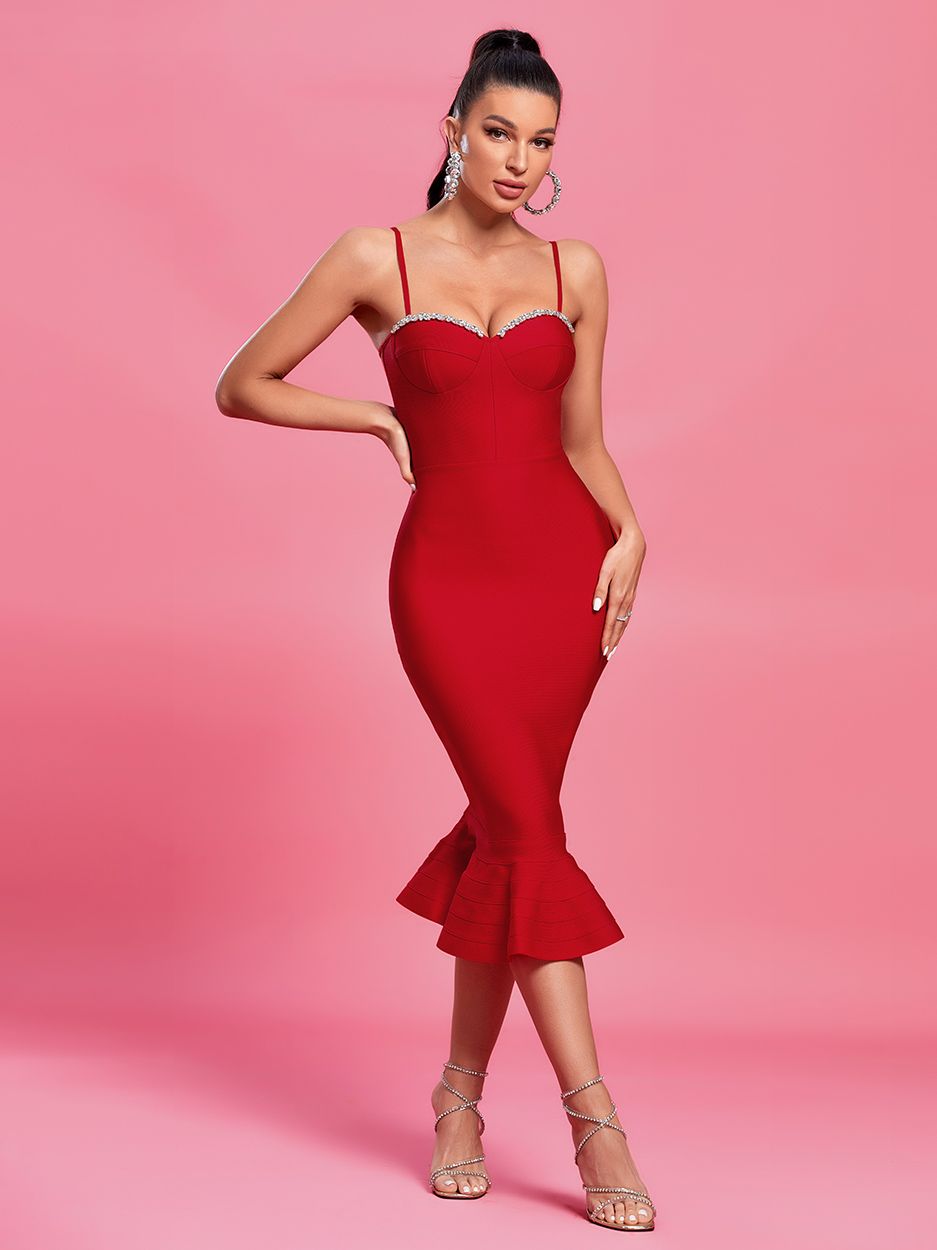 Crystal Bandage Dress Women Red Party Dress Bodycon Elegant Sexy Mermaid Midi Evening Birthday Club Outfit 2023 Summer New