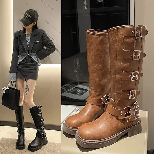 Woman Boots Knee High Platform Elegant Low Heel Trend Punk Gothic New Rock Leather Fashion Women's Shoes Motorcycle Footwear