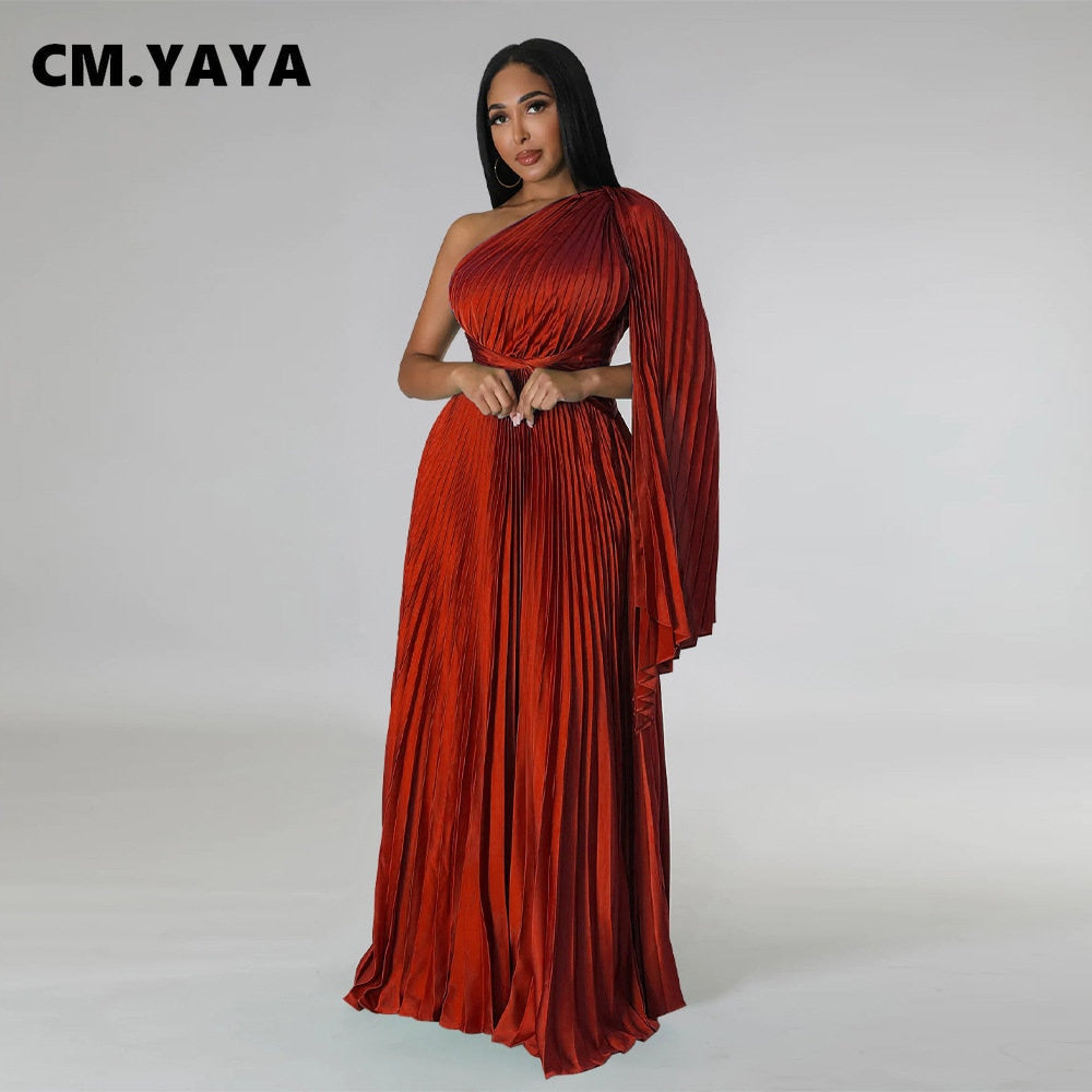 CM.YAYA Vintage Women One Shoulder Clock Sleeve Sashes High Waist Big Swing Pleated Maxi Long Sexy Party Evening Silk Dress 2023