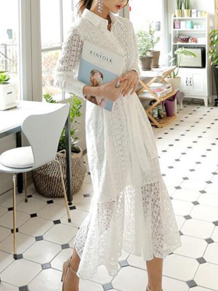 Women's Spring Vintage Chic Midi White Shirt Dress Ladies Elegant Casual Lace Party Prom Vestidos Femme Fashion Robe Mujers New