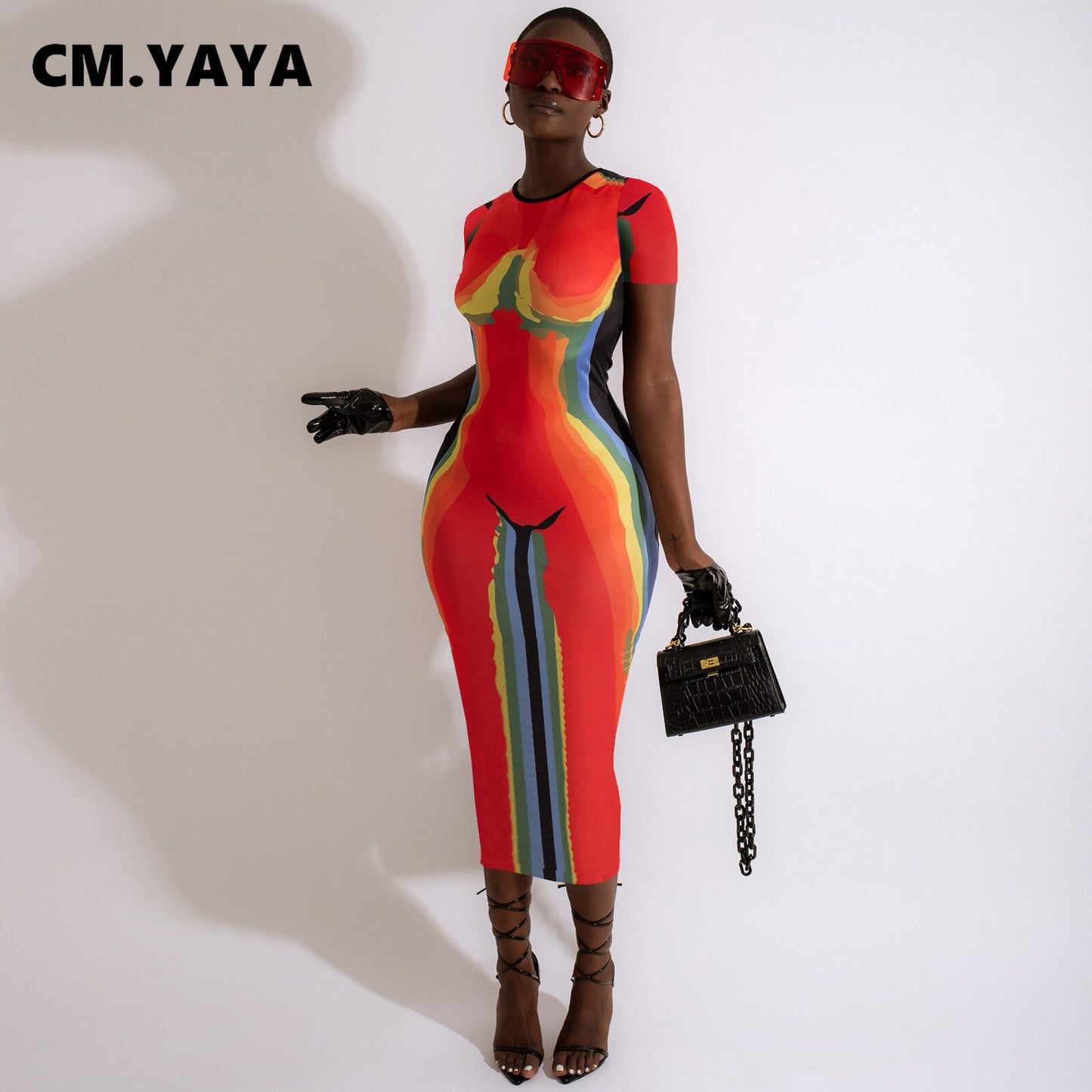 CM.YAYA Women 3D Printed Short Sleeve O-neck Bodycon Midi Maxi Dress for 2022 Summer Sexy Night Party Clubwear Long Dresses