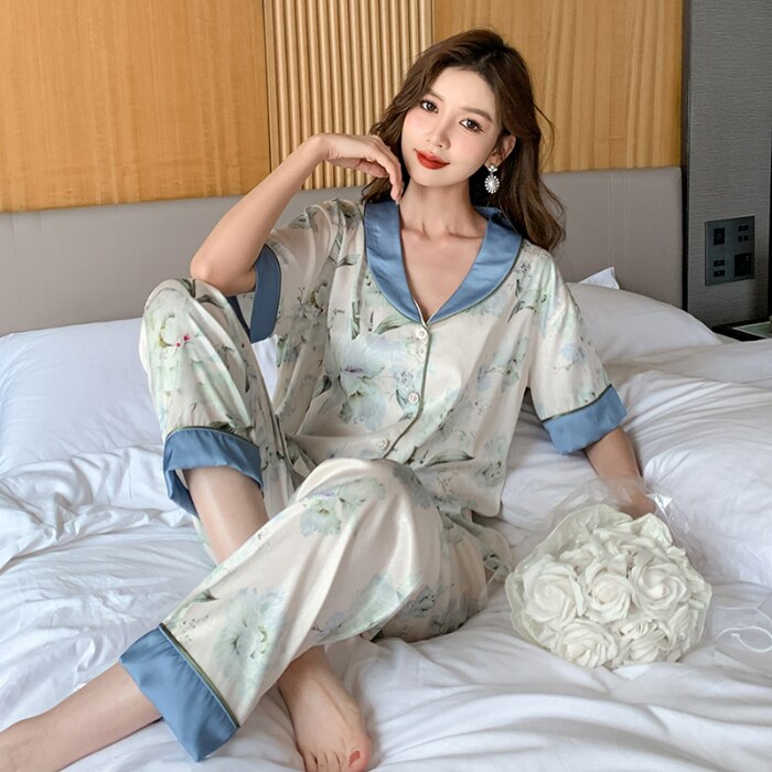 Summer Luxury Women Pajamas Set Faux Silk Pajamas Short Sleeve Two Piece Sleepwear Long Pants Nightwear Set Home Wear Clothes