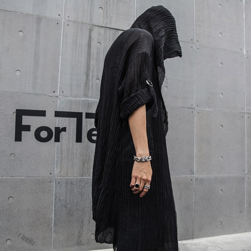 Punk rock hip hop black long shirt hooded cloak cardigan men linen oversize blouse Nightclub DJ singer gothic vintage streetwear